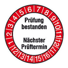 Pr�fplaketten Pr�fung bestanden/N�chster Pr�ftermin wei�/rot/schwarz
