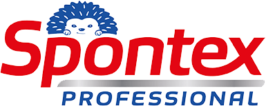 Spontex Logo auf dem Spontex Professional geschrieben steht. ber dem p und dem o befindet sich ein blauer Igel in Frontalansicht.