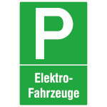 Parkplatzschild Symbol: P, Text: Elektrofahrzeuge