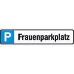 Parkplatzschild Symbol: P, Text: Frauenparkplatz