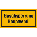 Hinweisschild zur Betriebskennzeichnung Gasabsperrung Hauptventil