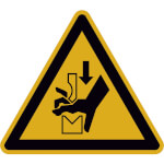 Warnschild auf Bogen Warnung vor Quetschgefahr der Hand zwischen den Werkzeugen einer Presse