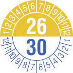 Prüfplakette Jahresplakette mit Prüfzeitraum 4 Jahre in Jahresfarbe