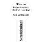 Sicherheitssiegel auf Bogen Text: Öffnen der Verpackung verpflichtet zum Kauf