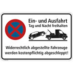 Hinweisschild für Gewerbe und Privat Ein- und Ausfahrt Tag und Nacht freihalten Halteverbot - Weiß