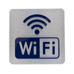 WiFi Schild Aluminium Edelstahloptik mit dunkelblauem Piktogramm aus Acrylglas