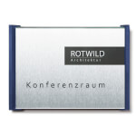 BOX Türschild blau in Edelstahloptik mit einer Abdeckung aus Sicherheitsglas