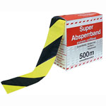 Absperrband gelb/schwarz schraffiert Flatterband in Spenderbox mit Abrollvorrichtung