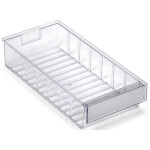 Schublade TRESTON aus glasklarem Polystyrol mit großem Etikett,