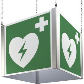 Rettungszeichenwrfel zur Deckenabhngung automatischer externer Defibrilator
