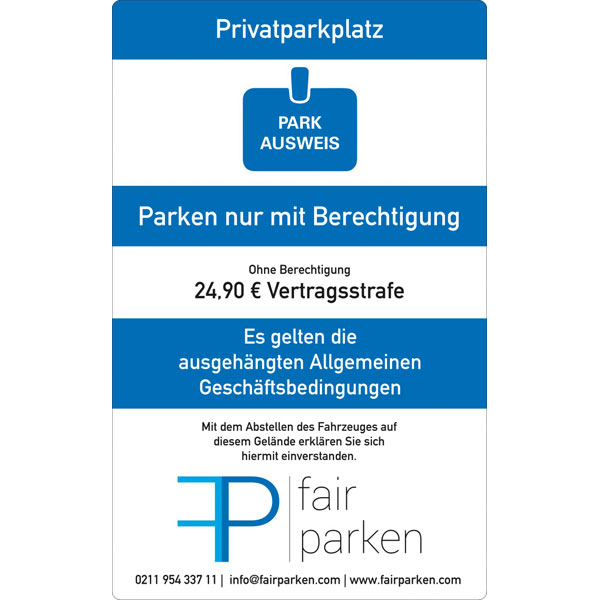 fair parken Hinweistafel Parkberechtigung, schwarz HartPVC 0,4 mm weiß, Ecken rund (r=11 mm