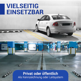 Parkplatzbegrenzung aus Recylinggummi mit weißen Reflexstreifen und integriertem Tragegriff