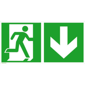 Fluchtwegschild - langnachleuchtend Notausgang rechts mit Zusatzzeichen:  Richtungsangabe abwärts