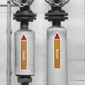 Rohrleitungskennzeichnung / Pfeilschild Gruppe VIII Brennbare Flssigkeiten (braun,  rot) in verschiedenen Versionen