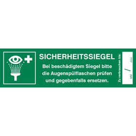 Sicherheitssiegel fr Augensplstation Text: Bei beschdigtem Siegel bitte die Augensplflaschen prfen