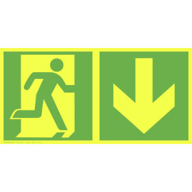 Fluchtwegschild PLUS - langnachleuchtend + tagesluoreszierend Notausgang rechts mit Zusatzzeichen:  Richtungsangabe abwrts