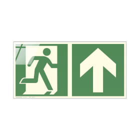 Fluchtwegschild Glas Serie - langnachleuchtend Notausgang rechts mit Zusatzzeichen:  Richtungsangabe aufwrts bzw. geradeaus