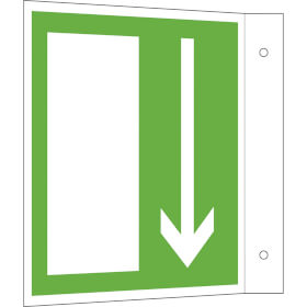 Rettungsschild - nachleuchtend als Fahnenschild,  Symbol:  Notausgang,  Material:  Alu