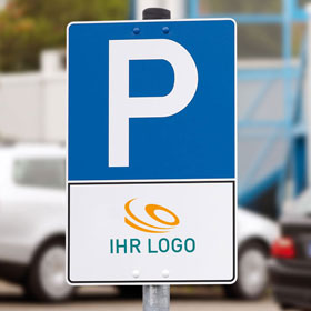 Individuell gefertigtes Parkplatzschild mit Logo Aluminium 2,0 mm weiß, Ecken rund, ohne Bohrung