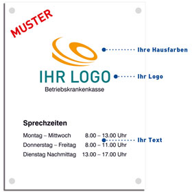 Individuell gefertigtes Praxis-/Kanzleischild Einscheiben-Sicherheitsglas 8,0 mm transparent, Ecken spitz, 4 Bohrungen