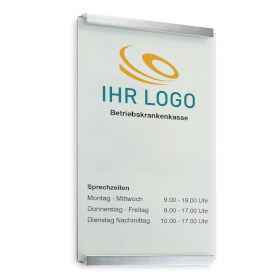 CLEAR Firmenschild individuell beschriftet 1 x 6 mm Sicherheitsglascheibe mit zwei edlen Aluminiumhaltern