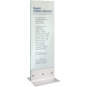 Innenstele aus Glas Bodenaufsteller aus ESG Sicherheitsglas mit Edelstahl - Fuß