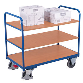 VARIOfit leichter Transportwagen niedriger Etagenwagen mit 3 Böden und Holzwerkstoffplatten