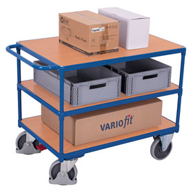 VARIOfit Tischwagen schwerer Transportwagen mit 3 Ladeflächen aus Holz