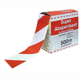 Absperrband rot / weiß schraffiert Flatterband in Spenderbox mit Abrollvorrichtung