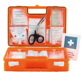 Erste Hilfe-Koffer SAN Pro Safe Kinder orange mit Fllung nach DIN 13157 plus branchenspezifischer Zusatzausstattung