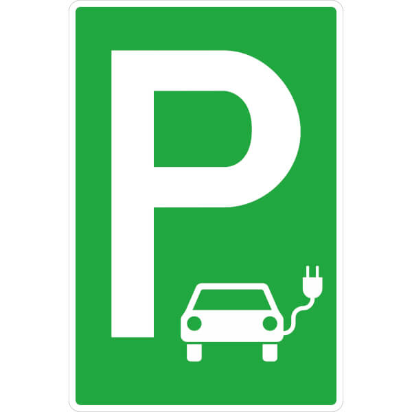 Parkplatzschild Symbol: P - Elektro-Tankstelle direkt beim