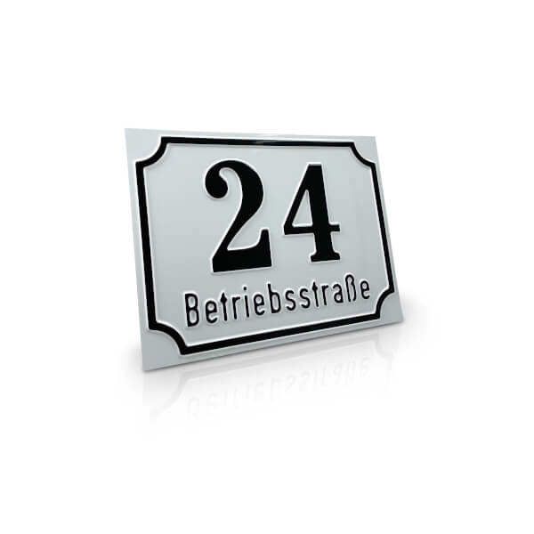 Nostalgie - Linie Hausnummernschild, weiß / schwarz, mit Antiqua - Rand