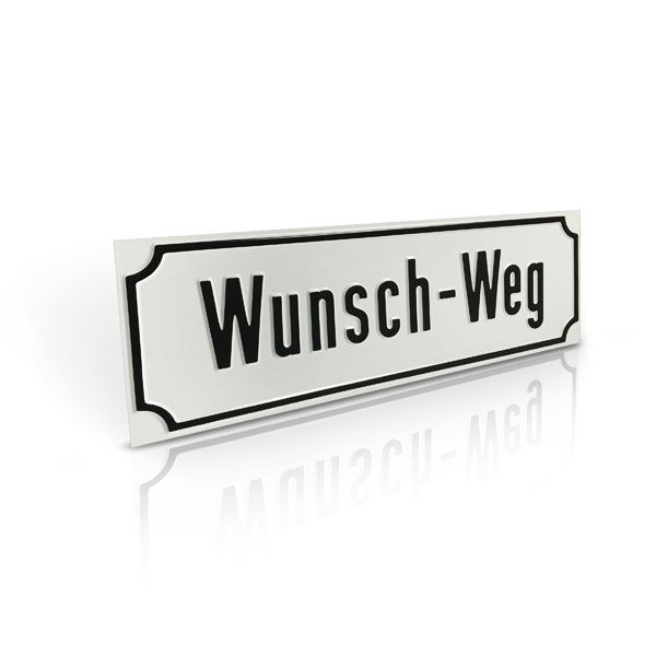 Nostalgie - Straßennamenschild mit Antiqua - Rand, weiß / schwarz