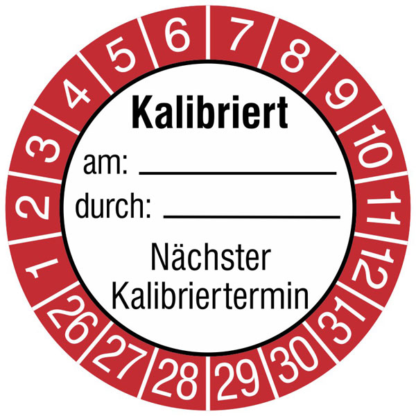 Prüfplaketten - Kalibriert am: durch: Nächster Kalibriertermin, weiß / rot / schwarz