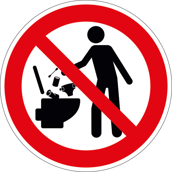 Verbotsschild Keinen Müll in der Toilette entsorgen direkt beim