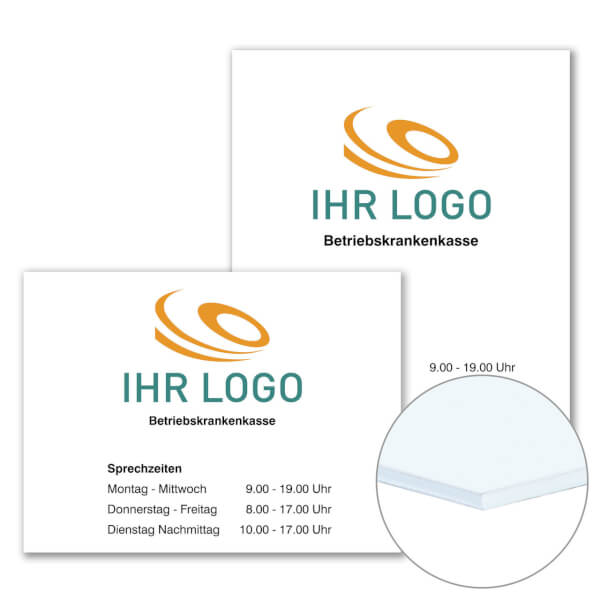 Individuell gefertigtes Firmen - / Werbeschild PVC - Hartschaumplatte 5, 0 mm weiß, Ecken spitz, ohne Bohrung