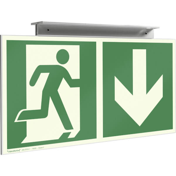 Fluchtwegschild zur Deckenmontage zur einseitigen Fluchtwegkenneichnung abwärts