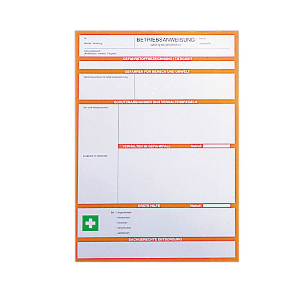 Betriebsanweisungen nach Paragraph 20 GefStoffV DIN A4, zur Selbstbeschriftung, VE = 25 Stück