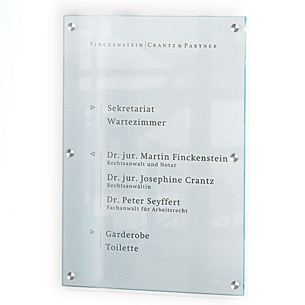 CRISTALLO Wegweiser aus Einscheiben - Sicherheitsglas, hochwertige Edelstahlhalter,