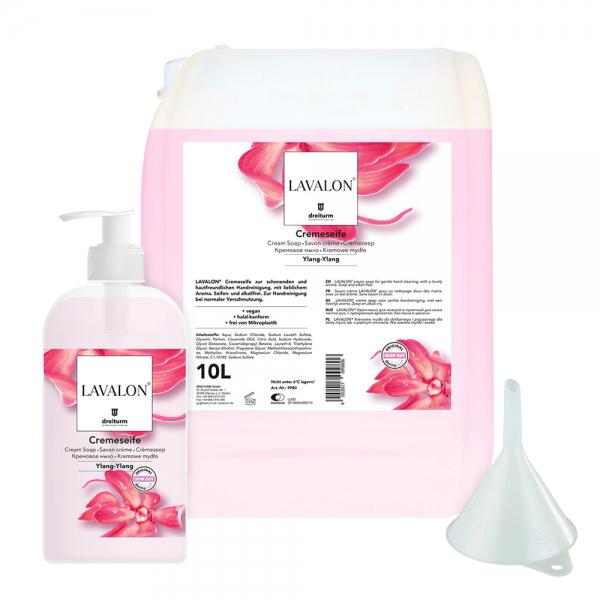 Produktbild von Dreiturm Lavalon Handwaschseife – 10 Liter Nachfüllkanister Mit Trichter & 500 Ml Flasche, Vegane, Alkalifreie Seifencreme, PH 6,0, Dermatologisch Getestet, Für Waschräume