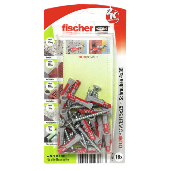 fischer DuoPower 5 x 25 S zwei Komponenten Klapp - , Spreiz - und Knotdübel mit Schrauben