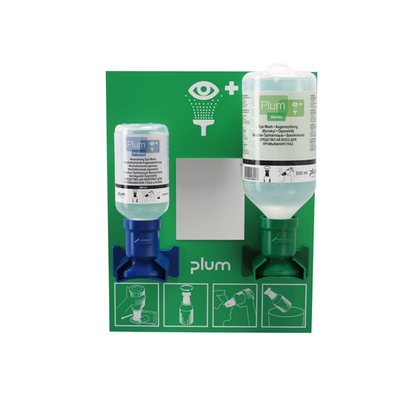 Plum 4694 Augenspülstation – Wandstation Mit 2x 500 Ml Flaschen, Spiegel & Piktogramm, Spülzeit Ca. 10 Min., Gemäß DIN EN 15154-4, 3 Jahre Haltbar