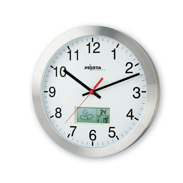 Peweta Funkwanduhr Dcf77 Mit Lcd Display Zur Temperatur Luftfeuchte Wanduhren Funkwanduhr Peweta Dcf77 Design Alu Gehäuse Matt Geschliffen