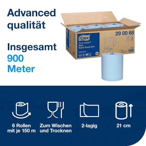 Produktbild von Tork Matic Advanced Rollenhandtuch H1 290068 – 6 X 150 M, 2-lagig, Blau, Reißfest, FSC-zertifiziert – Für Spender